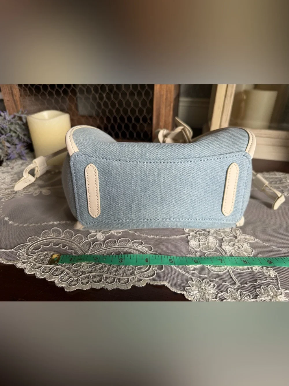 NWT Kate Spade Mini Cryall Leather Flower Blue Denim Fabric Tote Handbag Purse